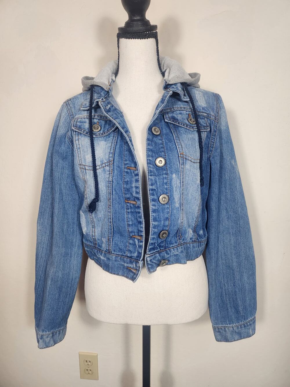 Highway Jeans Acid Wash Distressed Hooded Cropped Trucker Jean Jacket